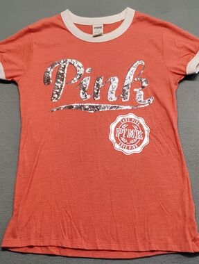 PINK Victoria's Secret Coral Short-Sleeve Girls' Ringer Tee with Sequin Logo